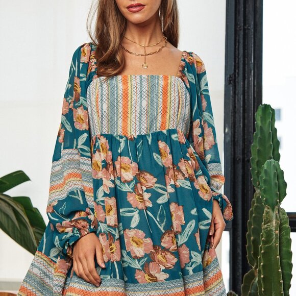 Davi & Dani Floral Print Ruffle Detail Long Sleeve Mini Dress - NWT - Size M - Picture 5 of 5